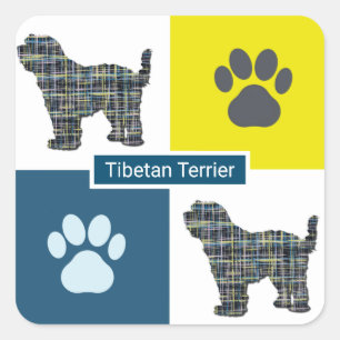 Tibetan Terrier Dog & Paw Y&B Grid Square Sticker