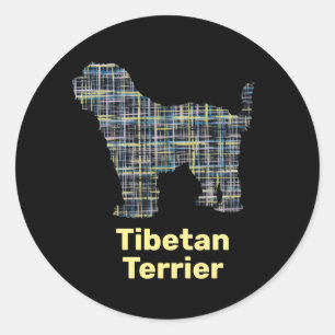Tibetan Terrier Dog Silhouette Yellow & Black Grid Classic Round Sticker