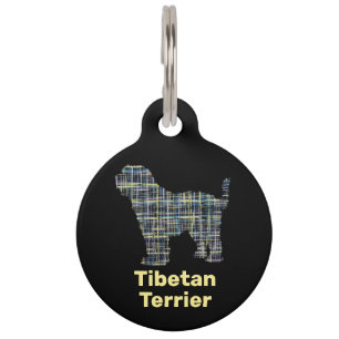 Tibetan Terrier Dog Silhouette Yellow & Black Grid Pet Tag