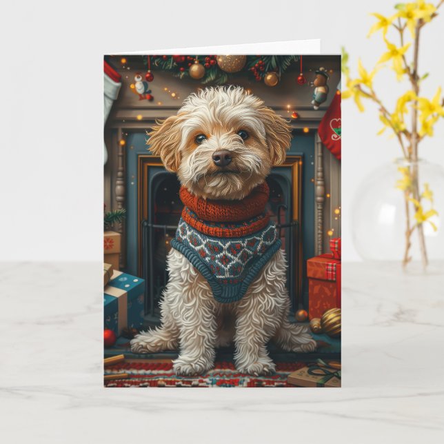 Tibetan Terrier Dog With Christmas Gifts Fireplace Card (Yellow Flower)