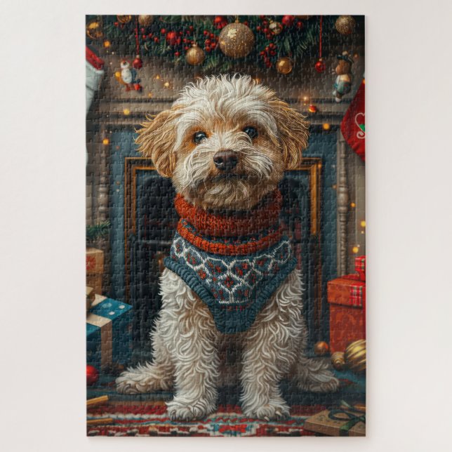 Tibetan Terrier Dog With Christmas Gifts Fireplace Jigsaw Puzzle (Vertical)