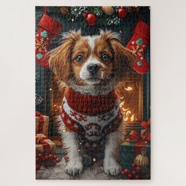Tibetan Terrier Dog With Christmas Gifts Fireplace Jigsaw Puzzle (Vertical)
