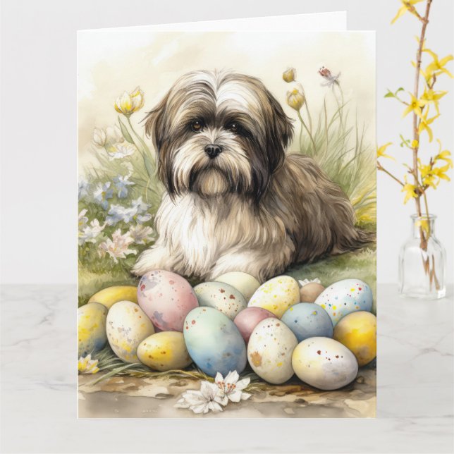 Tibetan Terrier Dog with Easter Eggs Holiday Card (Yellow Flower)