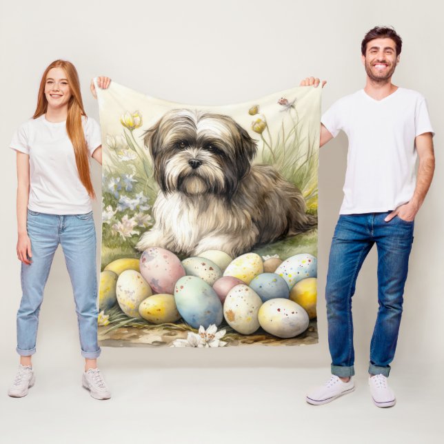 Tibetan Terrier Dog with Easter Eggs Holiday Fleece Blanket (In Situ)
