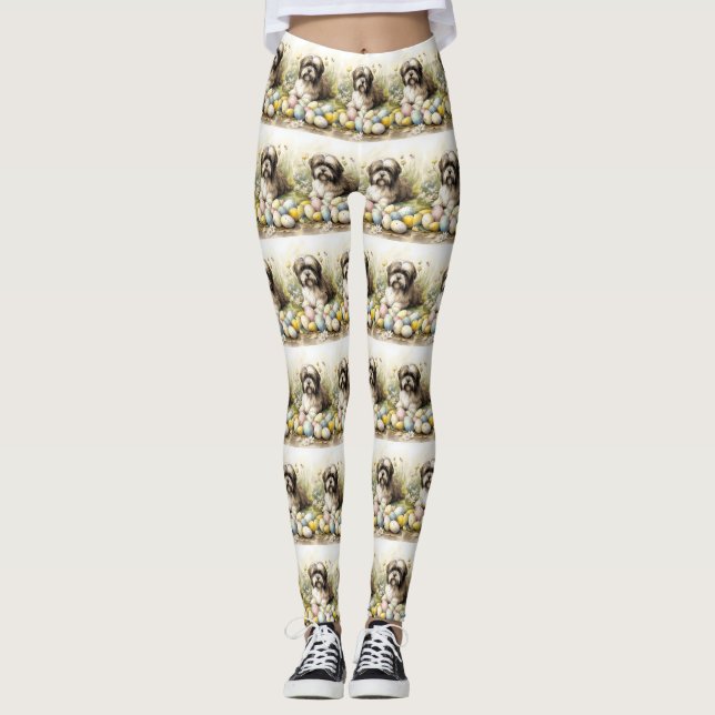 Tibetan Terrier Dog with Easter Eggs Holiday Leggings (Front)