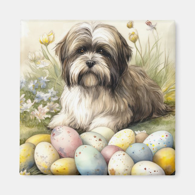 Tibetan Terrier Dog with Easter Eggs Holiday Magnet (Front)