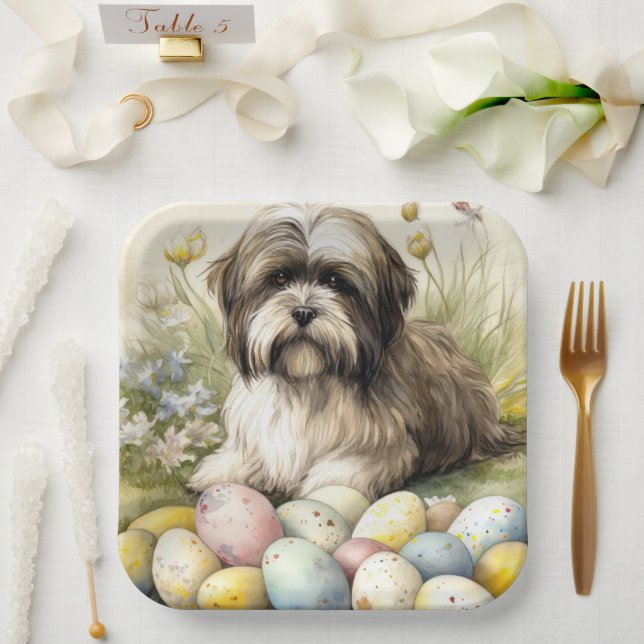 Tibetan Terrier Dog with Easter Eggs Holiday Paper Plate (Wedding)