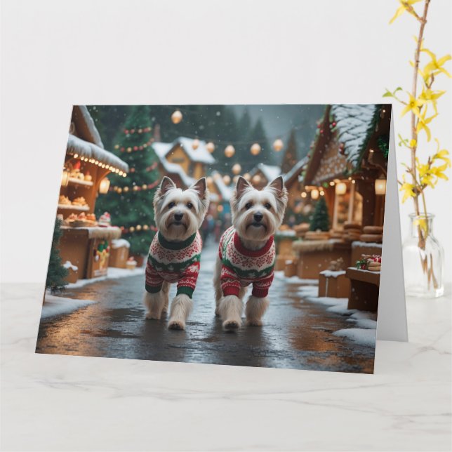 Tibetan Terrier Dogs Christmas Snow Holiday Card (Yellow Flower)