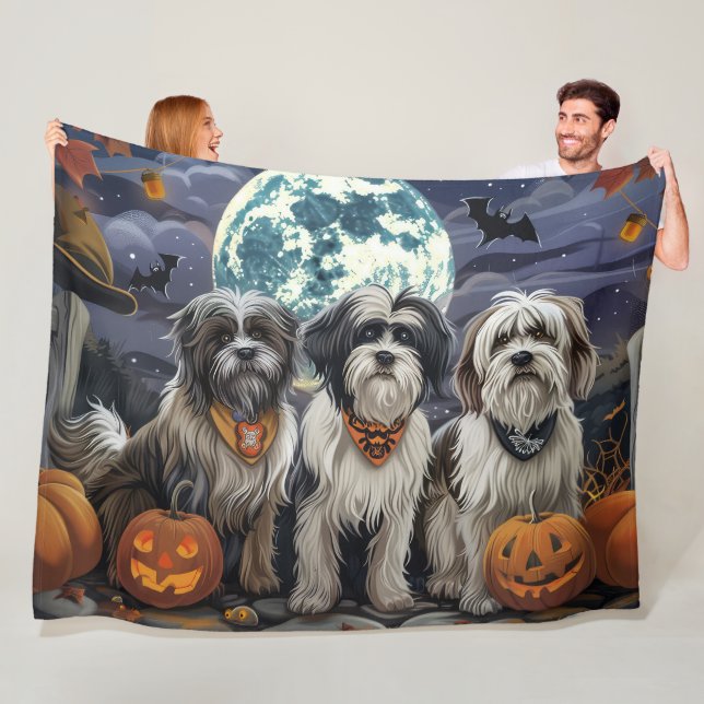 Tibetan Terrier Halloween Spooky Fleece Blanket (In Situ)