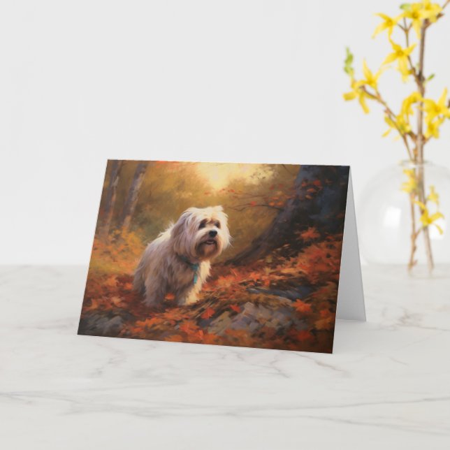 Tibetan Terrier in Autumn Leaves Fall Inspire  Card (Yellow Flower)