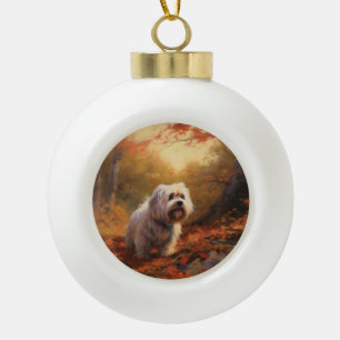 Tibetan Terrier in Autumn Leaves Fall Inspire Ceramic Ball Christmas Ornament