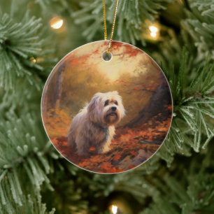 Tibetan Terrier in Autumn Leaves Fall Inspire  Ceramic Tree Decoration