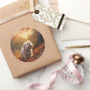 Tibetan Terrier in Autumn Leaves Fall Inspire  Classic Round Sticker