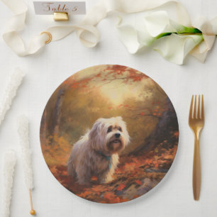 Tibetan Terrier in Autumn Leaves Fall Inspire  Paper Plate