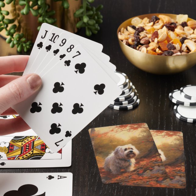 Tibetan Terrier in Autumn Leaves Fall Inspire  Playing Cards (In Situ)