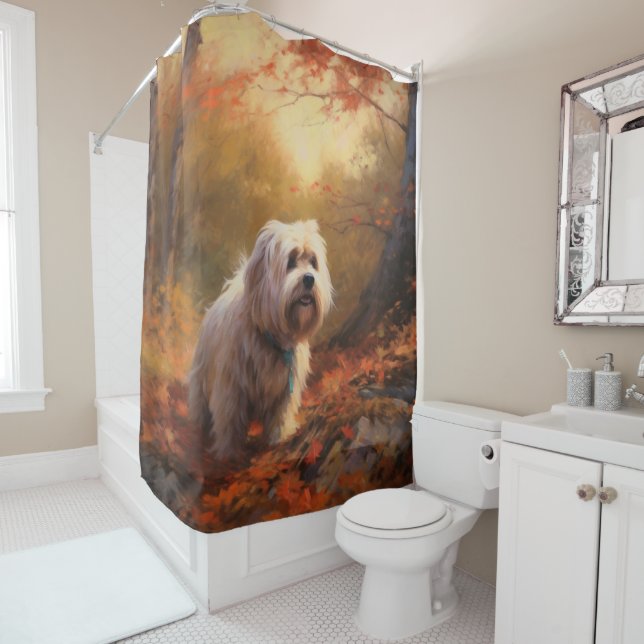 Tibetan Terrier in Autumn Leaves Fall Inspire  Shower Curtain (In Situ)