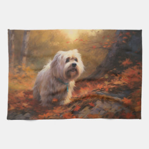 Tibetan Terrier in Autumn Leaves Fall Inspire  Tea Towel