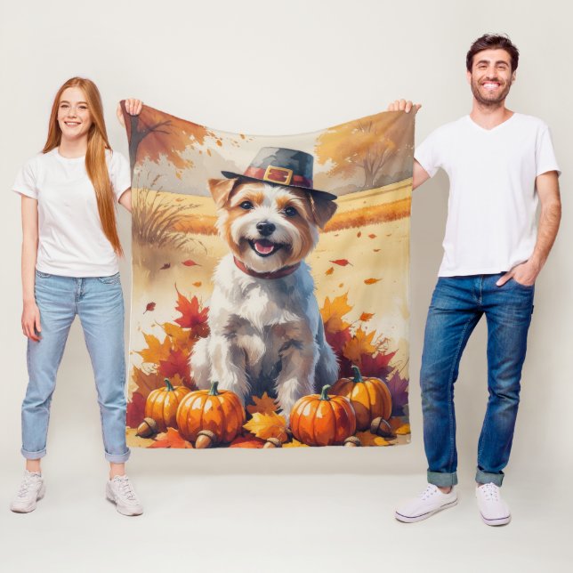 Tibetan Terrier In Autumn Leaves Thanksgiving Art Fleece Blanket (In Situ)