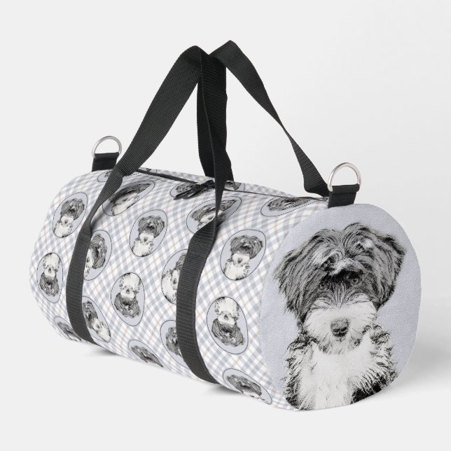 Tibetan Terrier Painting Black and White Dog Art Duffle Bag (Left Corner)