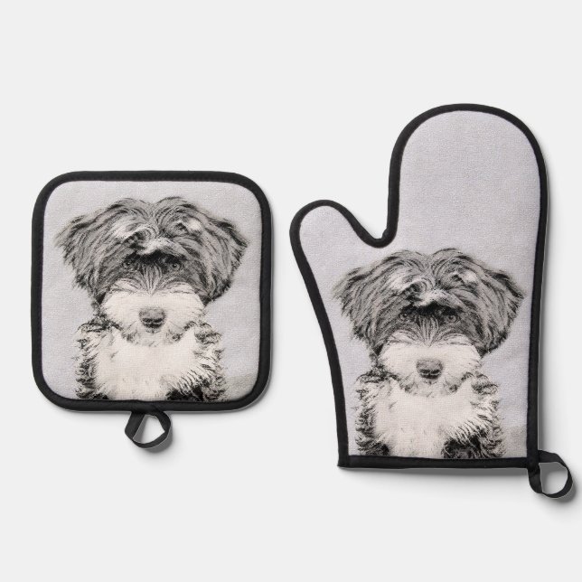 Tibetan Terrier Painting Black and White Dog Art Oven Mitt & Pot Holder Set (Front)
