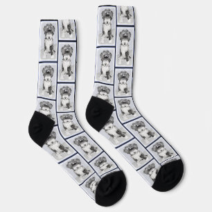 Tibetan Terrier Painting Black and White Dog Art Socks