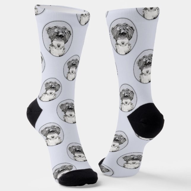 Tibetan Terrier Painting Black and White Dog Art Socks (Angled)