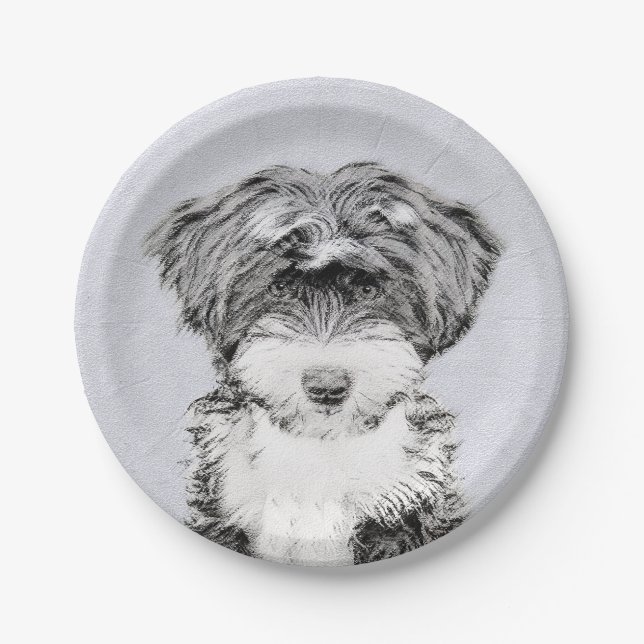 Tibetan Terrier Painting - Cute Original Dog Art Paper Plate (Front)