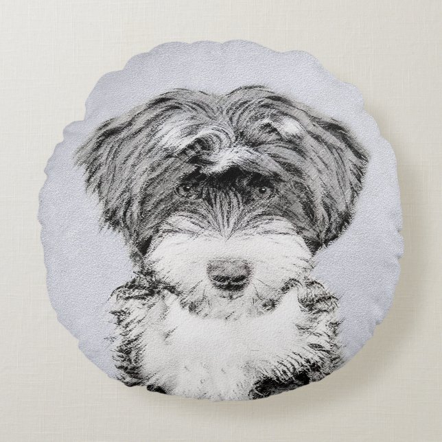 Tibetan Terrier Painting - Cute Original Dog Art Round Cushion (Front)