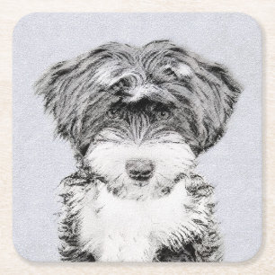 Tibetan Terrier Painting - Cute Original Dog Art Square Paper Coaster