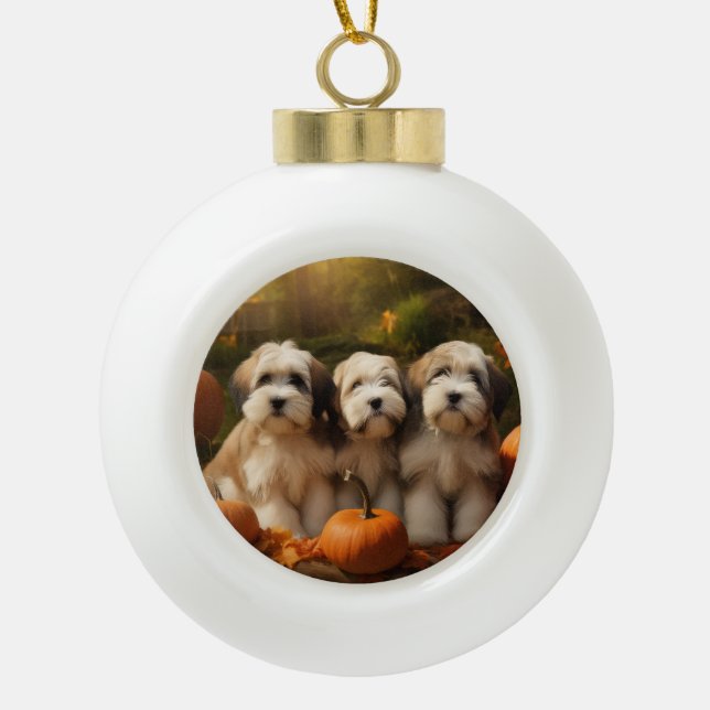 Tibetan Terrier Puppy Autumn Delight Pumpkin Ceramic Ball Christmas Ornament (Front)