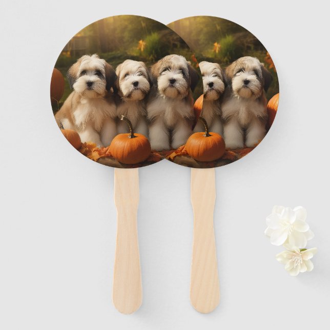 Tibetan Terrier Puppy Autumn Delight Pumpkin Hand Fan (Front and Back)