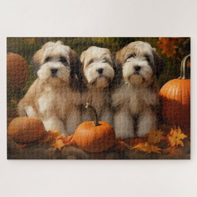 Tibetan Terrier Puppy Autumn Delight Pumpkin Jigsaw Puzzle (Horizontal)