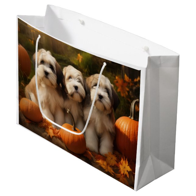 Tibetan Terrier Puppy Autumn Delight Pumpkin Large Gift Bag (Front Angled)