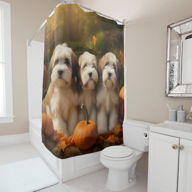Tibetan Terrier Puppy Autumn Delight Pumpkin Shower Curtain (In Situ)