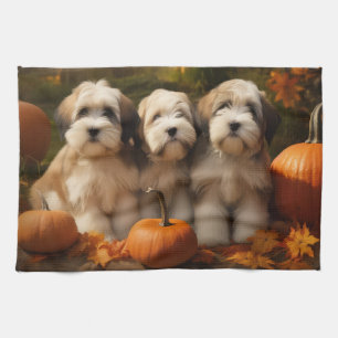 Tibetan Terrier Puppy Autumn Delight Pumpkin Tea Towel