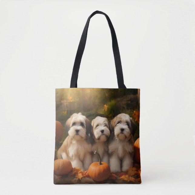 Tibetan Terrier Puppy Autumn Delight Pumpkin Tote Bag (Front)