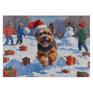 Tibetan Terrier Running in Snow with Christmas Hat Cutting Board