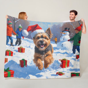 Tibetan Terrier Running in Snow with Christmas Hat Fleece Blanket