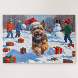 Tibetan Terrier Running in Snow with Christmas Hat Jigsaw Puzzle
