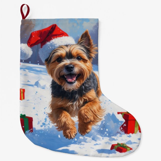 Tibetan Terrier Running in Snow with Christmas Hat Large Christmas Stocking (Front)