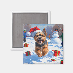 Tibetan Terrier Running in Snow with Christmas Hat Magnet