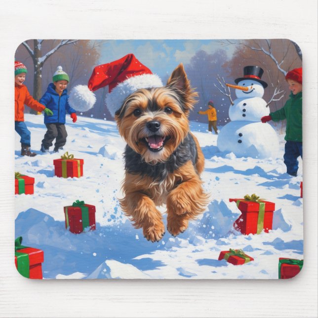 Tibetan Terrier Running in Snow with Christmas Hat Mouse Mat (Front)