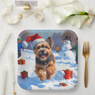 Tibetan Terrier Running in Snow with Christmas Hat Paper Plate