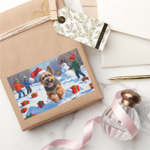 Tibetan Terrier Running in Snow with Christmas Hat Rectangular Sticker