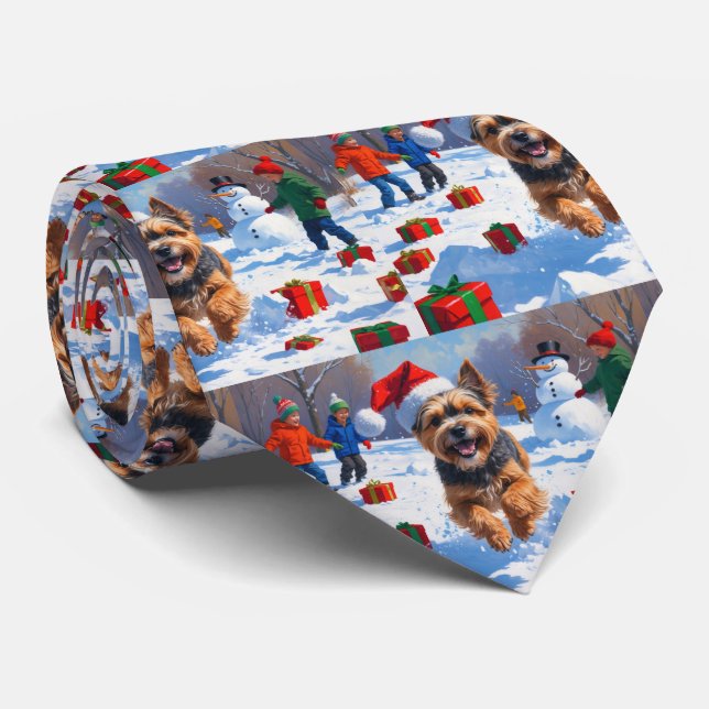 Tibetan Terrier Running in Snow with Christmas Hat Tie (Rolled)