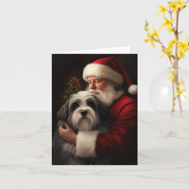 Tibetan Terrier Santa Claus Festive Christmas  Card (Yellow Flower)