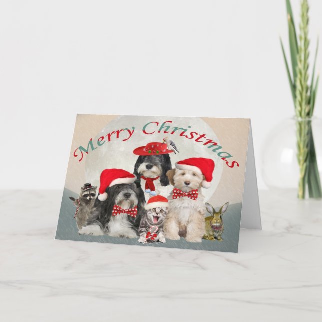 Tibetan Terrier Santa's Helpers Holiday Card (Front)
