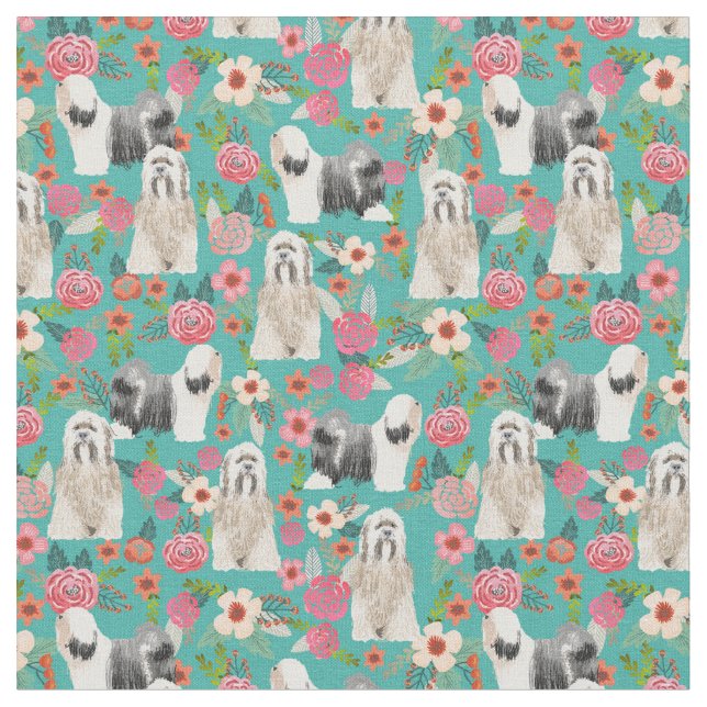 Tibetan Terrier vintage florals turquoise Fabric (Close Up)