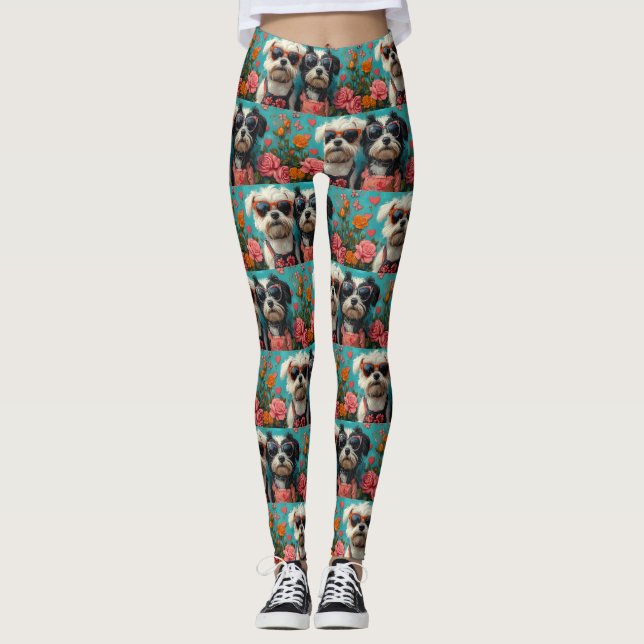 Tibetan Terrier with Heart Roses Valentine's Day Leggings (Front)