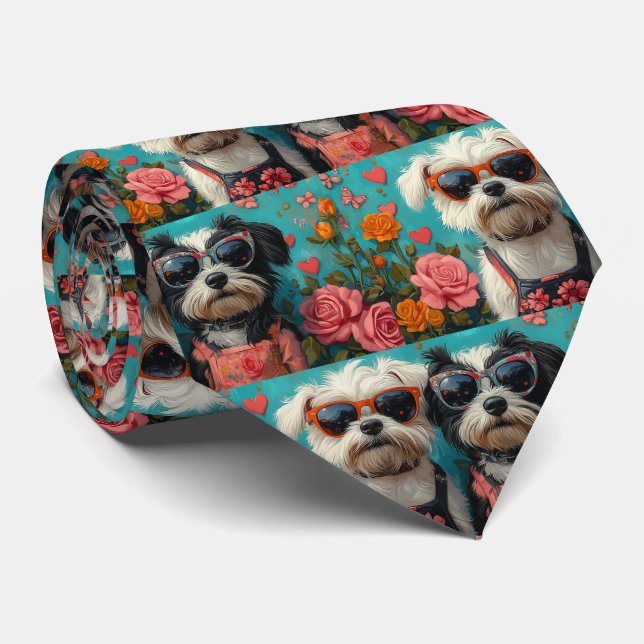Tibetan Terrier with Heart Roses Valentine's Day Tie (Rolled)